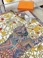 Le Jaguar Et Le Colibri Shawl 90 CM In Yellow Colorful Silk Twill 274206