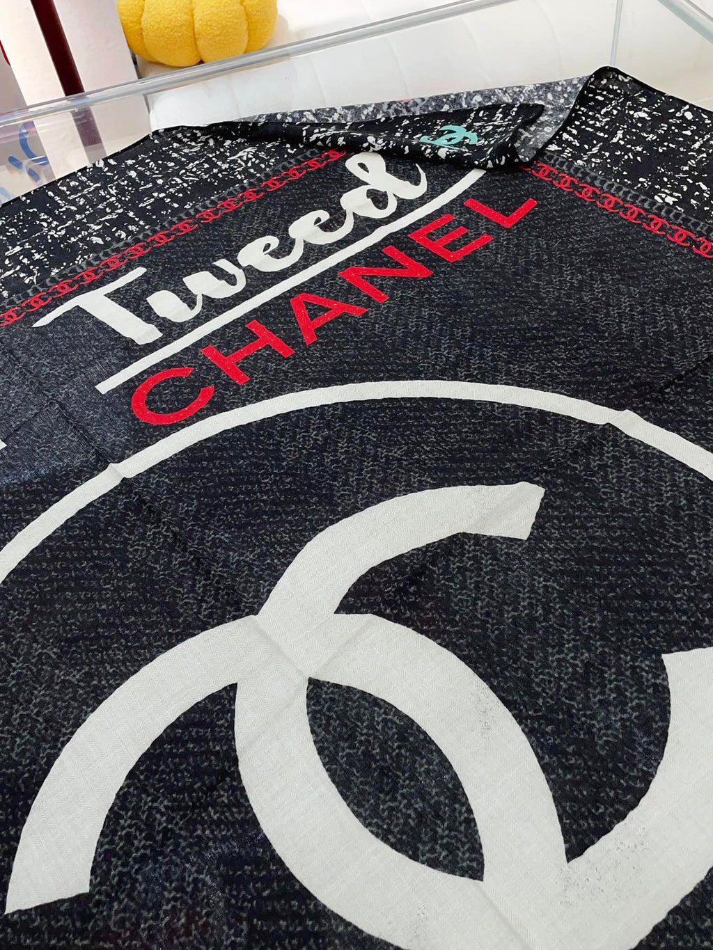 CC Square Scarf 140 CM In Black Mix White Red Cashmere Silk 252308