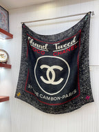 CC Square Scarf 140 CM In Black Mix White Red Cashmere Silk 252308
