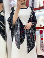 CC Square Scarf 140 CM In Black Mix White Red Cashmere Silk 252308