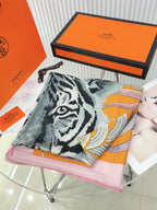 Tigre Royal Double Face Scarf 140 CM In Orange Colorful Cashmere And Silk 254646