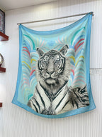 Tigre Royal Double Face Scarf 140 CM In Light Turquoise Colorful Cashmere And Silk 254647