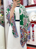 Le Jaguar Et Le Colibri Shawl 135 CM Green Colorful Cashmere And Silk 281676