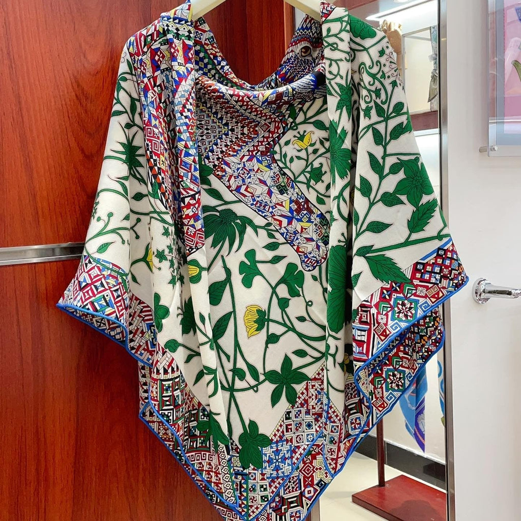 Le Jaguar Et Le Colibri Shawl 135 CM Green Colorful Cashmere And Silk 281676