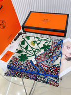 Le Jaguar Et Le Colibri Shawl 135 CM Green Colorful Cashmere And Silk 281676