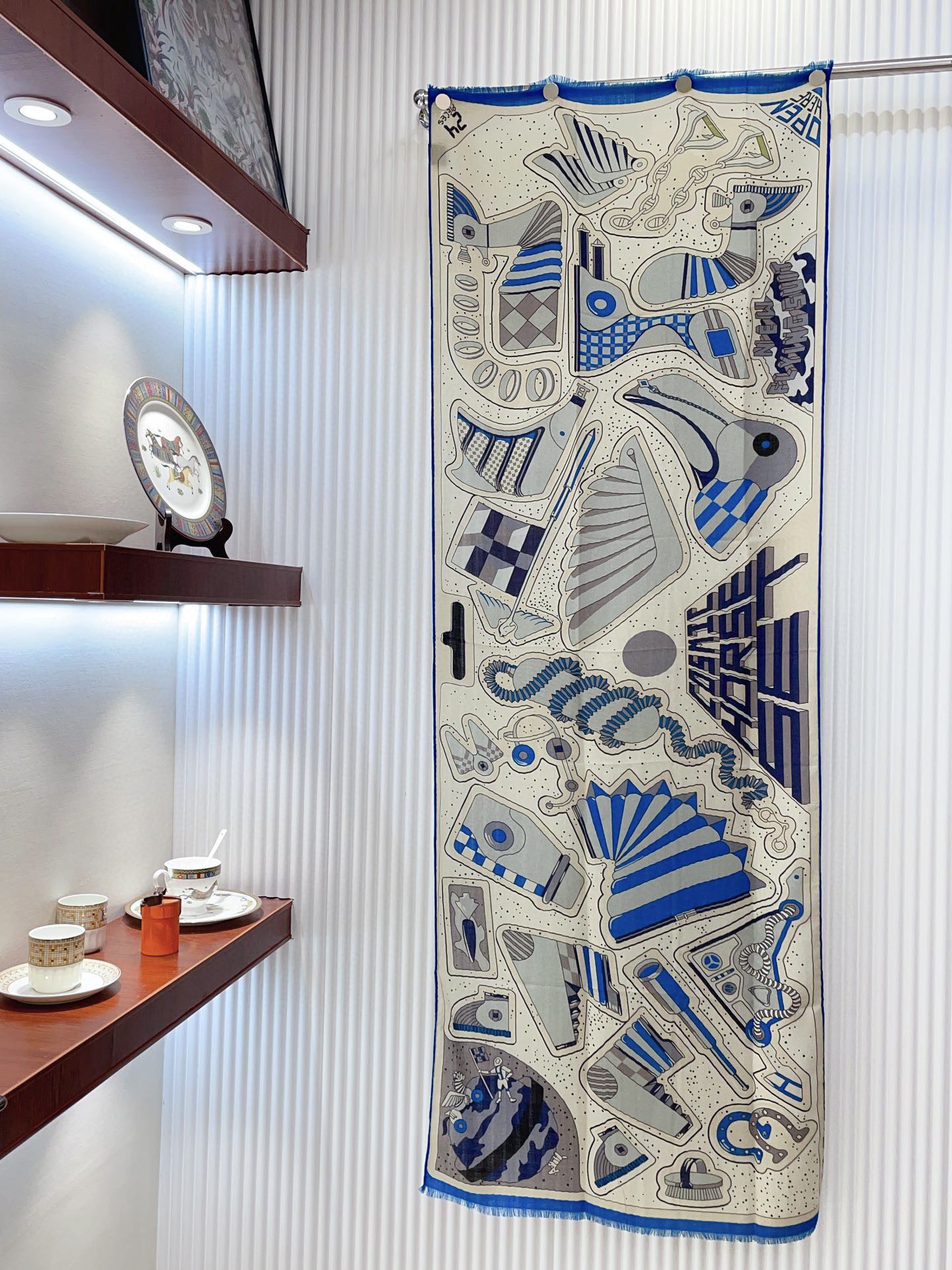 Cosmic Horse Set rectangle Scarf 180 CM In Blue Colorful Cashmere And Silk 308063