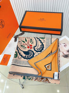Guepards Bandana Double Face Scarf 140 CM In Beige Mix Orange Colorful Cashmere And Silk 334189
