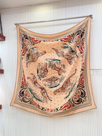Guepards Bandana Double Face Scarf 140 CM In Beige Mix Orange Colorful Cashmere And Silk 334189