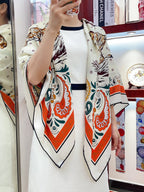 Guepards Bandana Double Face Scarf 140 CM In White Mix Red Colorful Cashmere And Silk 334190