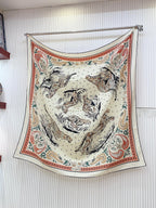 Guepards Bandana Double Face Scarf 140 CM In White Mix Red Colorful Cashmere And Silk 334190