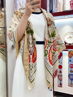 Guepards Bandana Double Face Scarf 140 CM In White Mix Beige Colorful Cashmere And Silk 334192