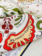 Guepards Bandana Double Face Scarf 140 CM In White Mix Beige Colorful Cashmere And Silk 334192