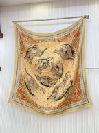 Guepards Bandana Double Face Scarf 140 CM In White Mix Beige Colorful Cashmere And Silk 334192
