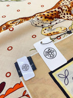 Guepards Bandana Double Face Scarf 140 CM In White Mix Beige Colorful Cashmere And Silk 334192