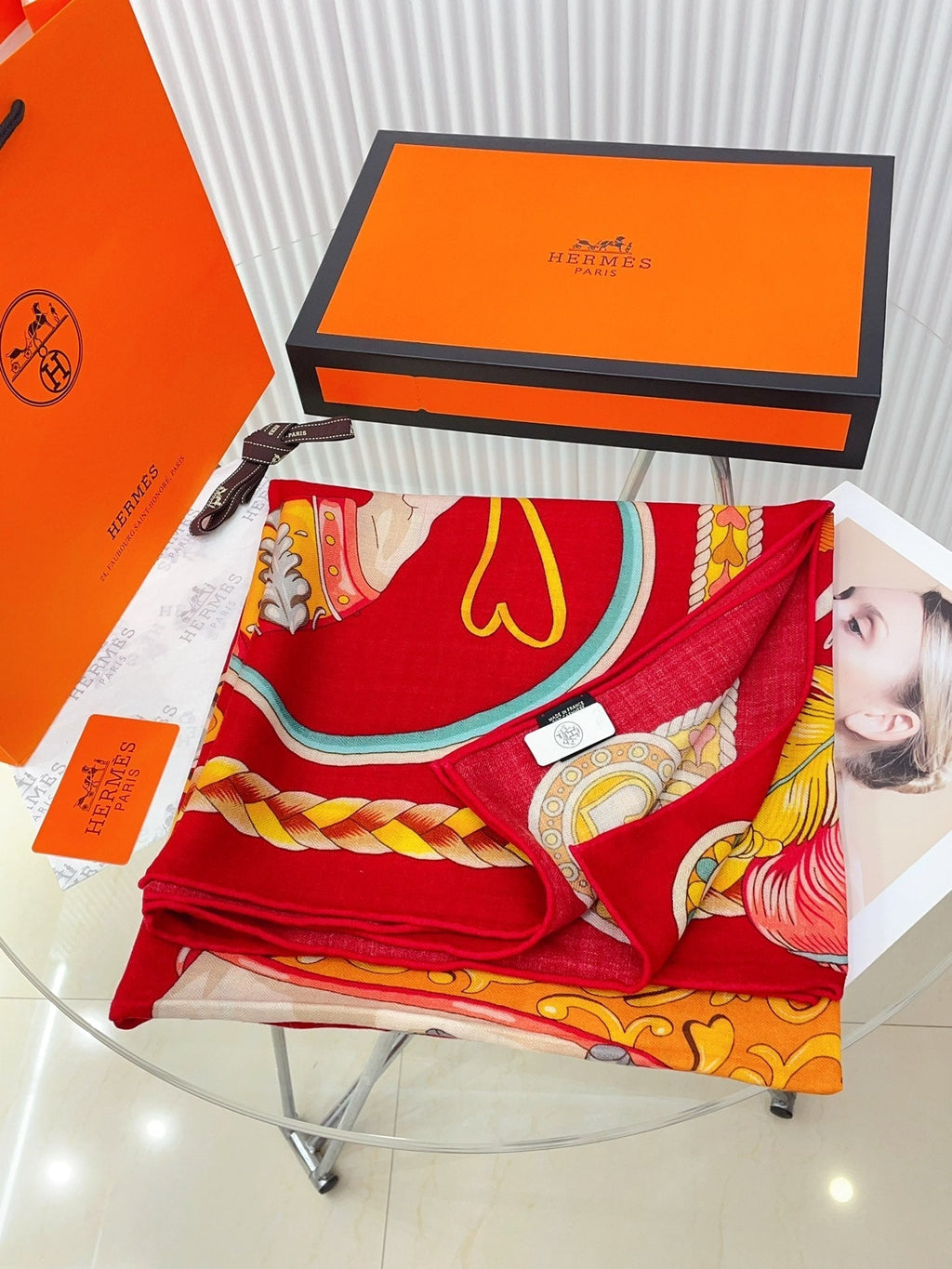 Carré Harnais De Cœur Scarf 140 CM In Red Colorful Cashmere And Silk 335858