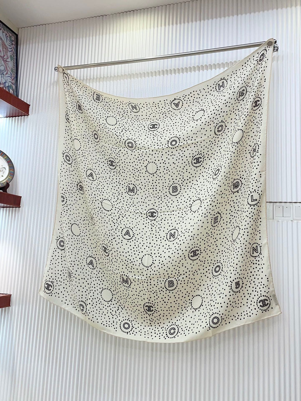 CC Square Scarf 140 CM In White Black Polka Dot Cashmere Silk 337146
