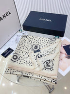 CC Square Scarf 140 CM In White Black Polka Dot Cashmere Silk 337146