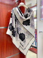 CC Square Scarf 140 CM In White Mix Black Small Flower Cashmere And Silk 342863