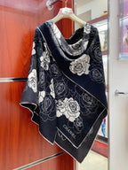 CC Square Scarf 140 CM In Black Mix White Small Flower Cashmere And Silk 342864
