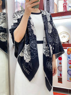 CC Square Scarf 140 CM In Black Mix White Small Flower Cashmere And Silk 342864