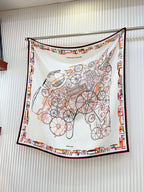 Complication Equestre Scarf 90 CM In White Orange Coloful Silk Twill 345897