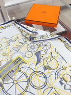 Complication Equestre Scarf 90 CM In White Yellow Coloful Silk Twill  345898