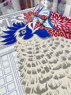 Cocoricooooo! Scarf 90 CM In Red Blue Colorful Silk Twill 348776