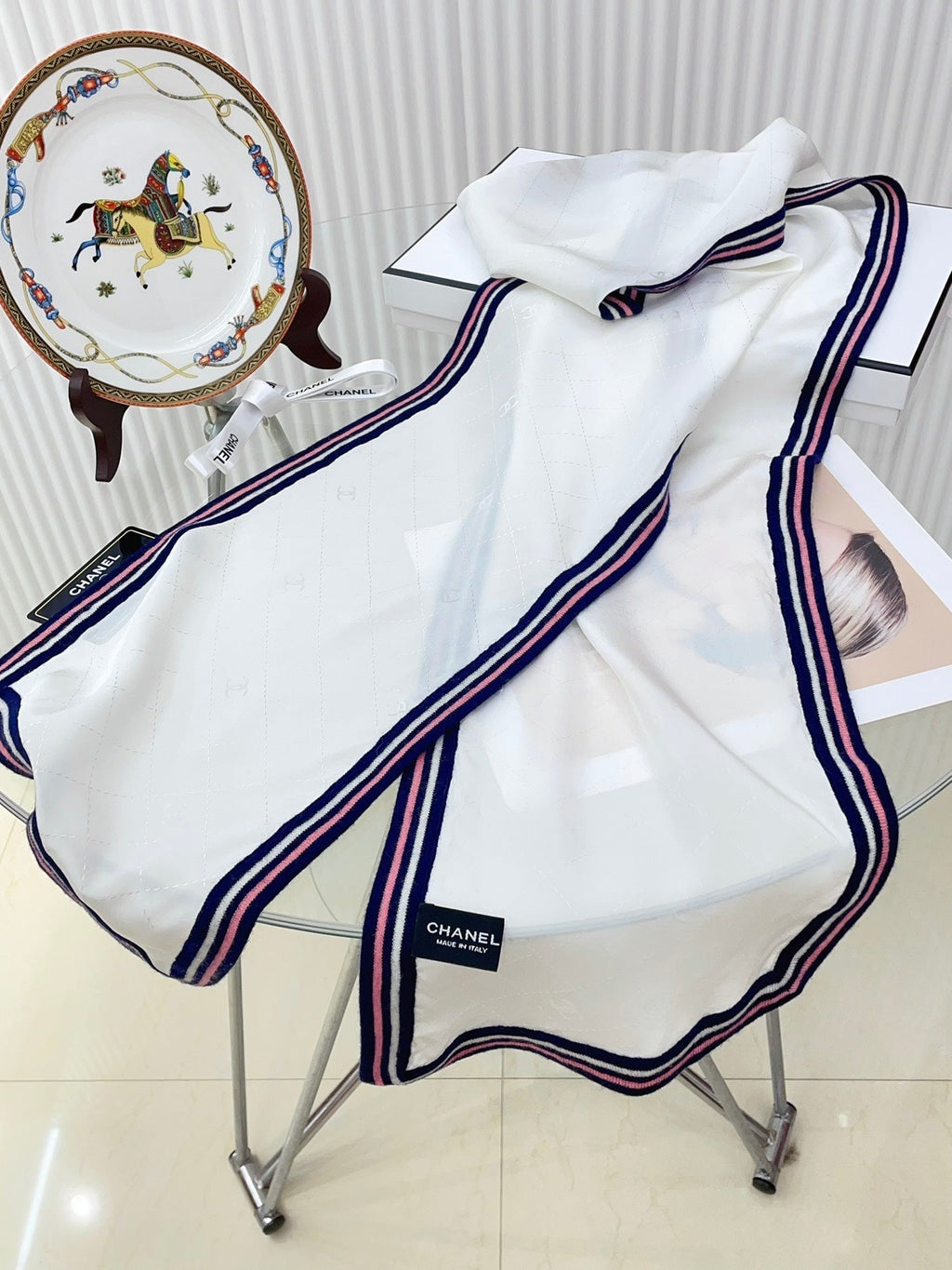 CC Scarf 200 CM In White Mix Darl Blue Silk 357900