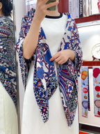 Le Jaguar Et Le Colibri Shawl 135 CM Blue Colorful Cashmere And Silk 357902