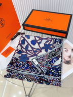 Le Jaguar Et Le Colibri Shawl 135 CM Blue Colorful Cashmere And Silk 357902