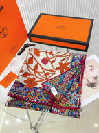 Le Jaguar Et Le Colibri Shawl 135 CM Red Colorful Cashmere And Silk  357904
