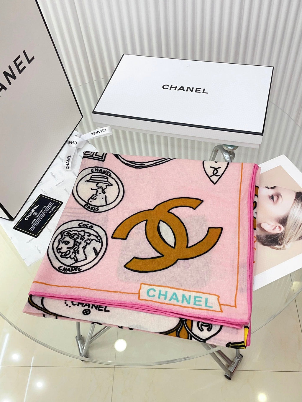 CC Square Scarf 140 CM In Pink Colorful Cashmere And Silk 359397