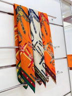 HM Lettres Equestre Scarf 140 CM In Orange Brown Colorful Cashmere And Silk 359400