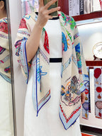 Chevaloscope Scarf 140 CM In Light Blue Colorful Cashmere And Silk 373662