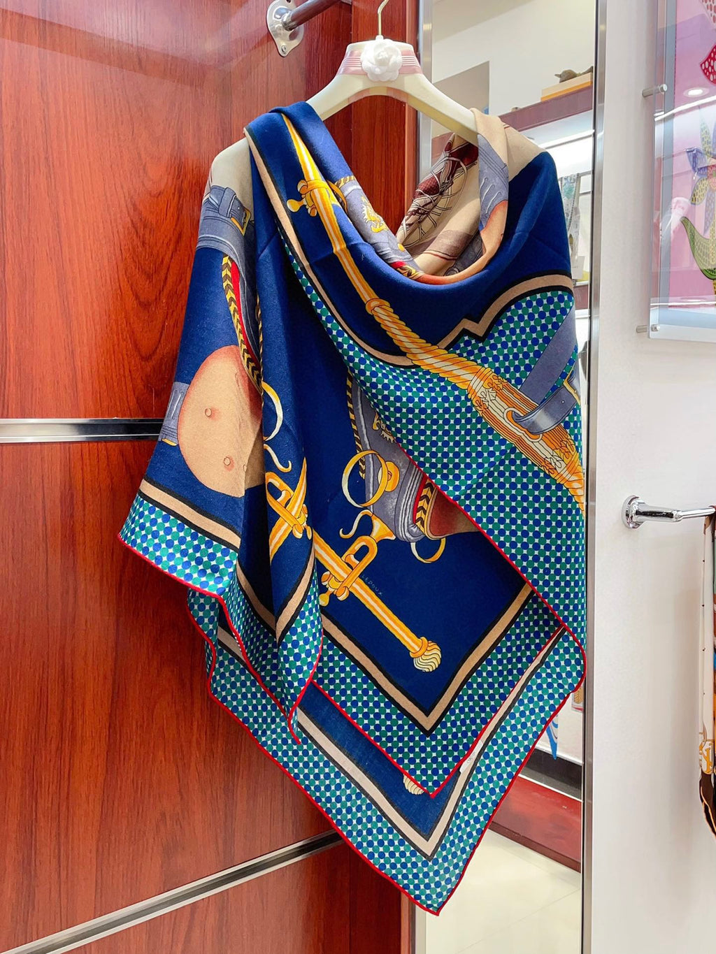 Silk Carrick a Pompe Scarf 140 CM In Dark Blue Colorful Cashmere And Silk 381156