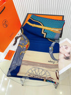 Silk Carrick a Pompe Scarf 140 CM In Dark Blue Colorful Cashmere And Silk 381156