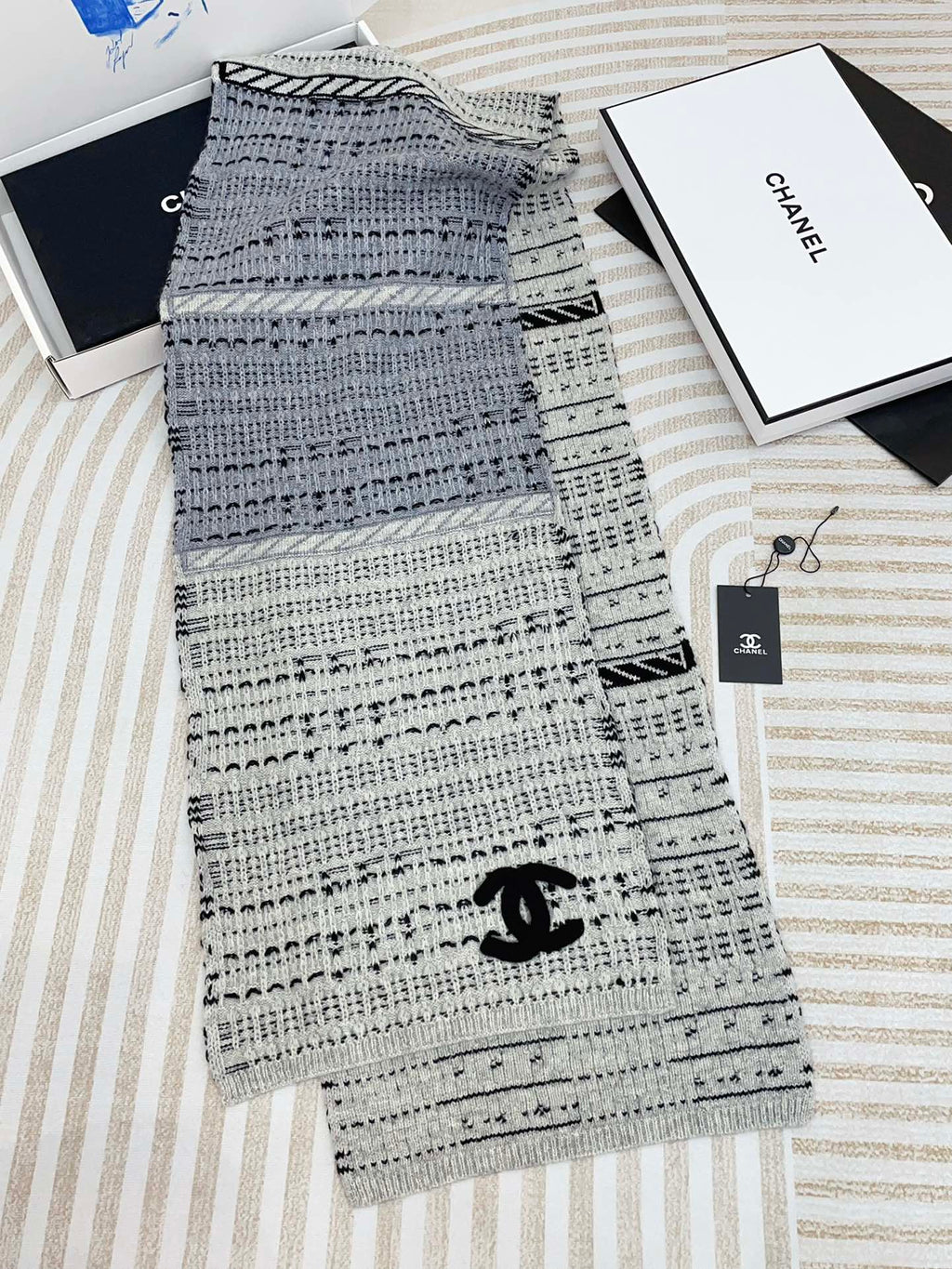 CC Scarf 180 CM In White Grey Mix Black Wool  388185