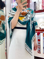 Choregraphie Equestre Scarf 140 CM Teal Blue Colorful Cashmere And Silk 393171