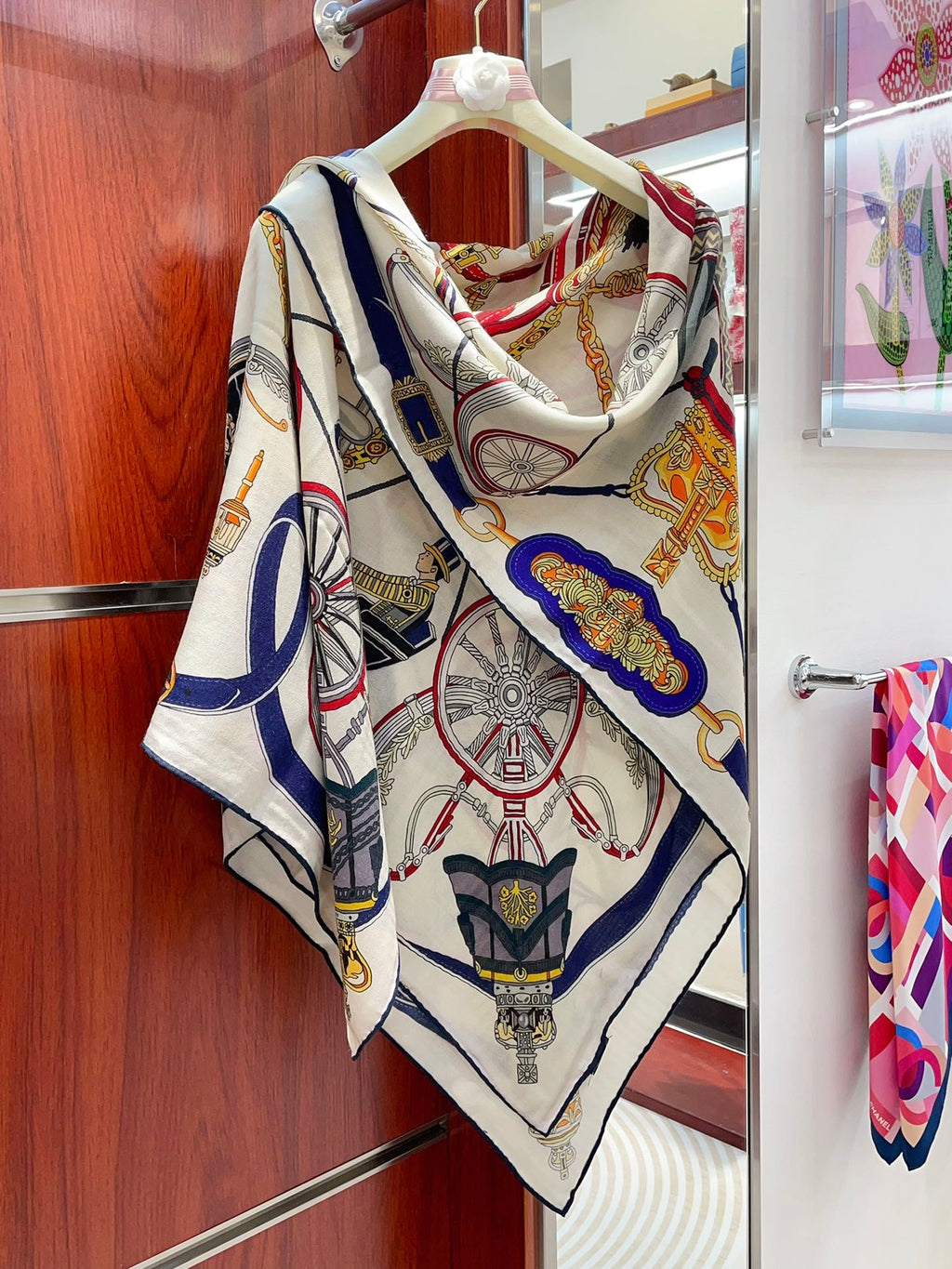 Stately Wheels Scarf 140 CM White Colorful Cashmere And Silk  394588