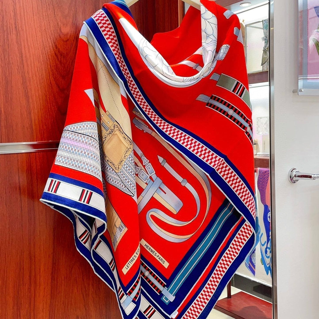 Lettres Equestres Shawl 140 CM Red Colorful Cashmere And Silk 398260
