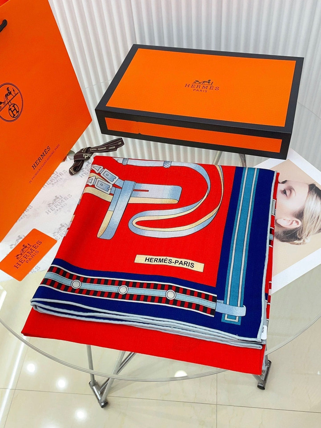 Lettres Equestres Shawl 140 CM Red Colorful Cashmere And Silk 398260