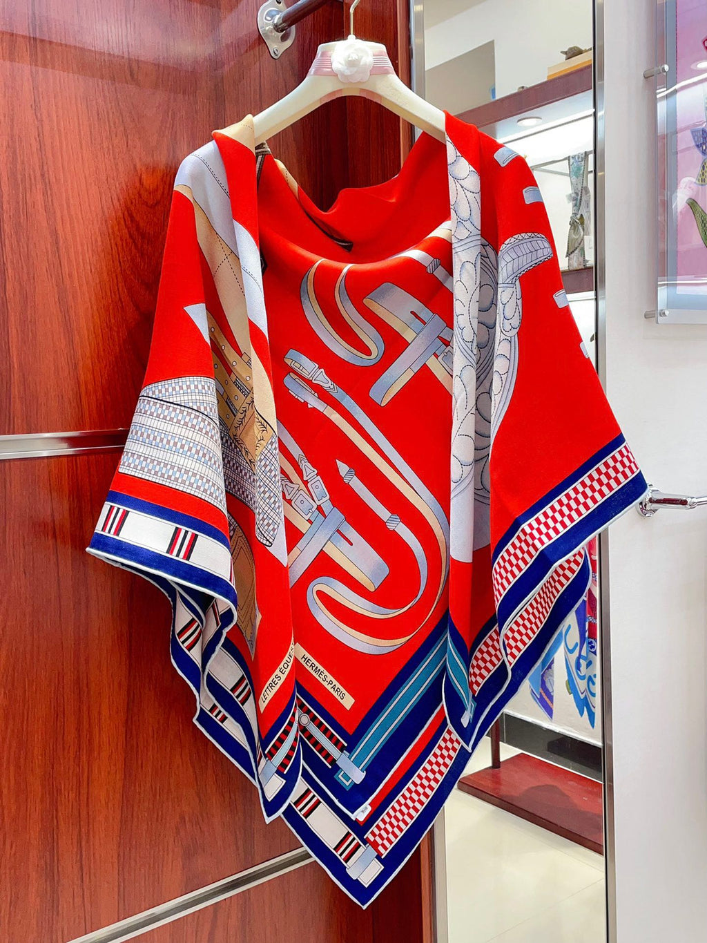 Lettres Equestres Shawl 140 CM Red Colorful Cashmere And Silk 398260