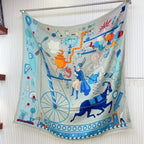 Tea For Two Scarf 140 CM Light Blue Colorful Cashmere And Silk 403890
