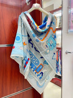 Tea For Two Scarf 140 CM Light Blue Colorful Cashmere And Silk 403890