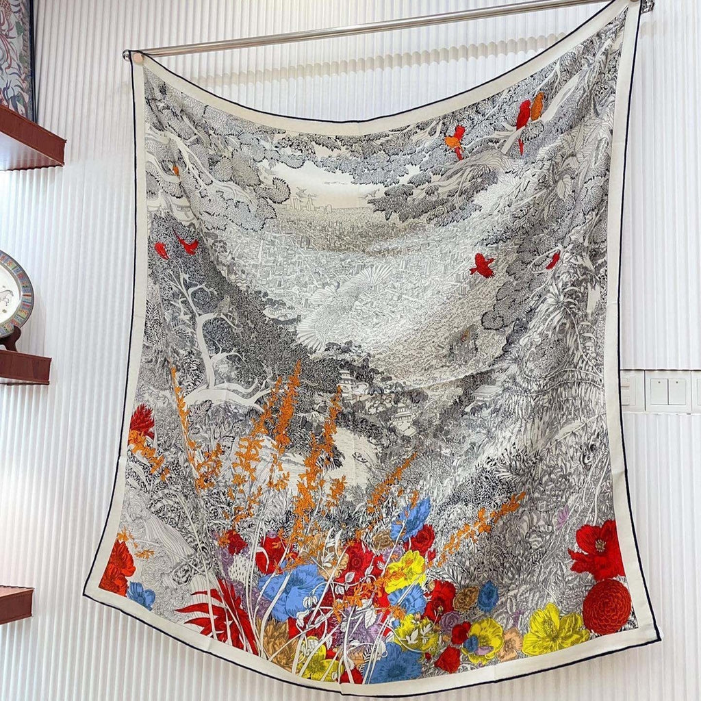 Square Scarf 140CM In Grey White Colorful Cashmere And Silk