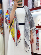 Square Scarf 140CM In Grey White Colorful Cashmere And Silk
