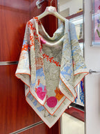 Square Scarf 140CM In Light Blue Colorful Cashmere And Silk