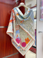 Square Scarf 140CM In Light Blue Colorful Cashmere And Silk