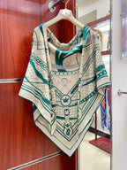 Square Scarf 140CM White Mix Dark Green Cashmere And Silk
