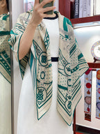 Square Scarf 140CM White Mix Dark Green Cashmere And Silk